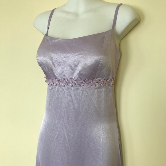 Light Purple Satin Formal Maxi Spaghetti Strap Dress with Beaded Daisy Trim - Picture 2 of 5